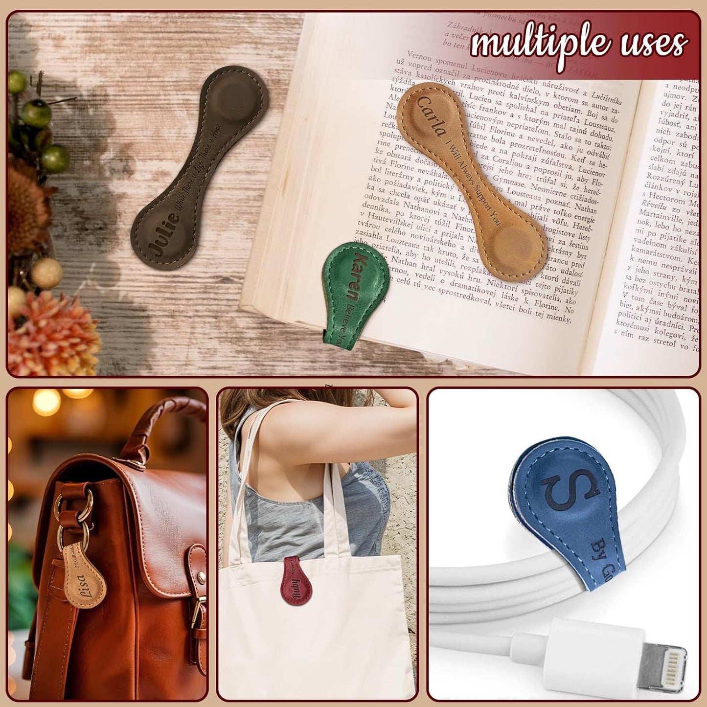 Personalized Leather Magnetic Bookmarks, Custom Engraved Magnetic Bookmarks Clips with 26 Letters Name Initial, Personalized Gifts for Book Lovers, Teachers, Kids, Readers