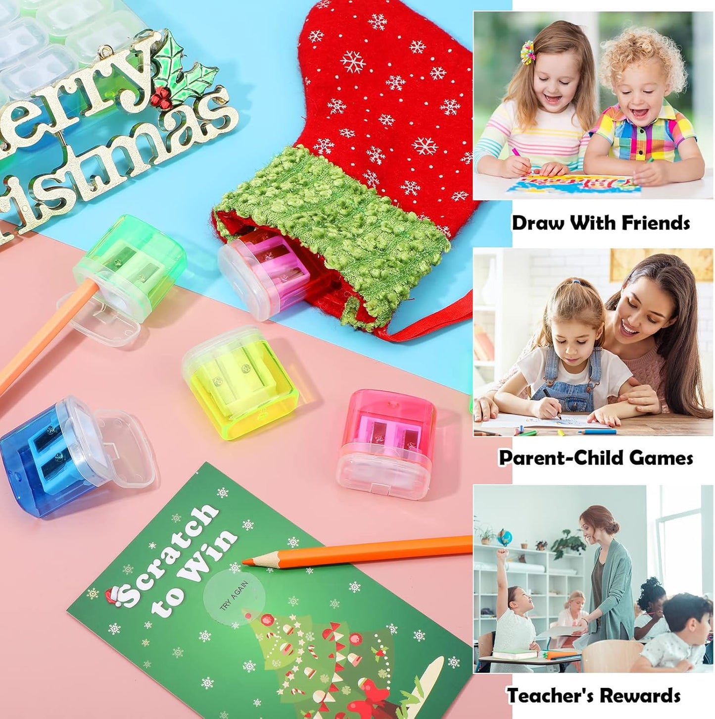 Teling 216 Pcs Manual Pencil Sharpeners Bulk Handheld Dual Holes Pencil Sharpeners for Kids Colorful Portable Compact Sharpener with Lid for Students School Class Home Office Supply