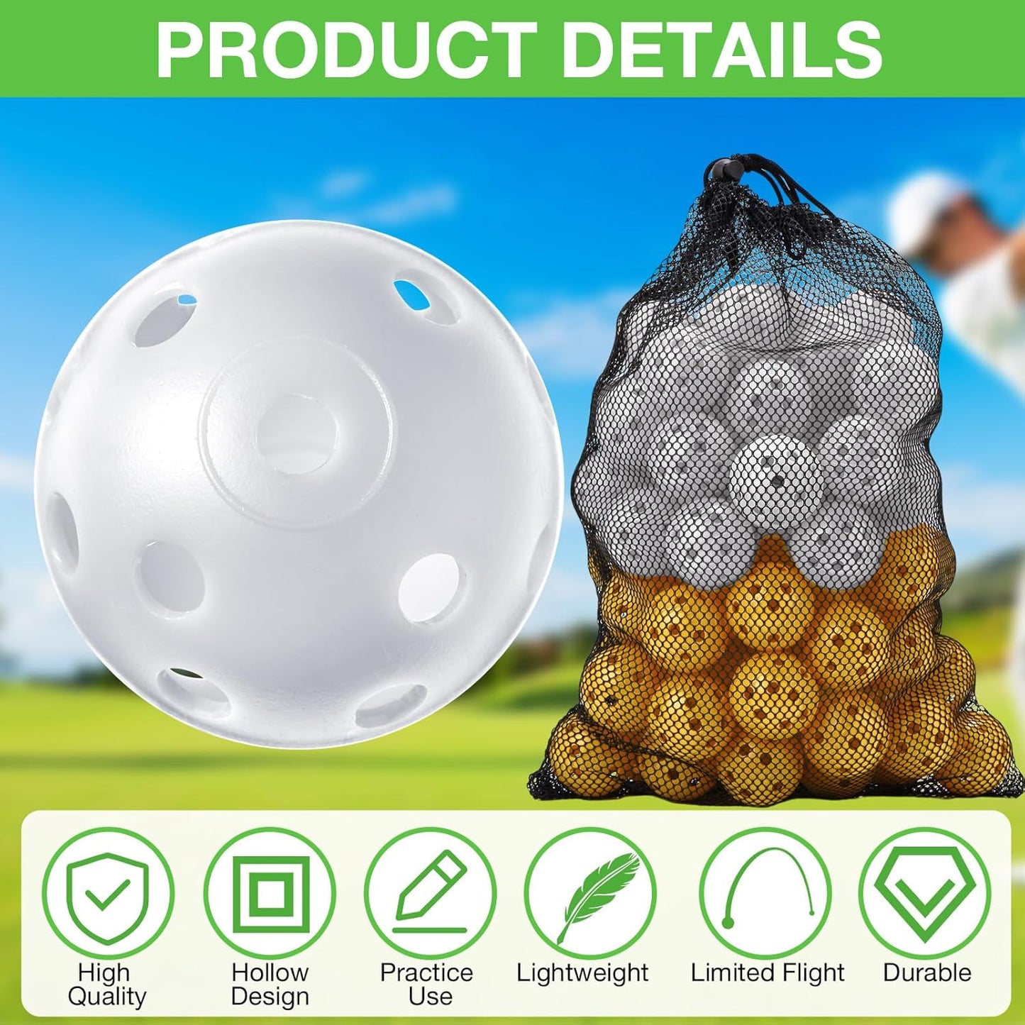 80 Pack Practice Golf Balls Limited Flight 42 mm Golf Training Airflow Hollow Plastic Ball for Women Men Indoor Outdoor Driving Range Swing Practice Home