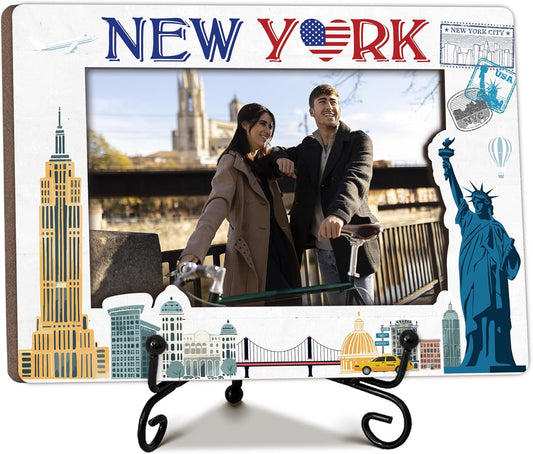 New York Travel Picture Frame, 5 x 8 New York Themed Wooden Photo Frame with Stand, Vacation Anniversary Honeymoon Gifts For Friend Family Couples, Home Office Desk Decorations-A17