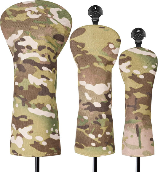 3 Pack Camouflage Golf Club Head Covers for Driver, Fairway Woods and Hybrid with Rotatable Number Tag