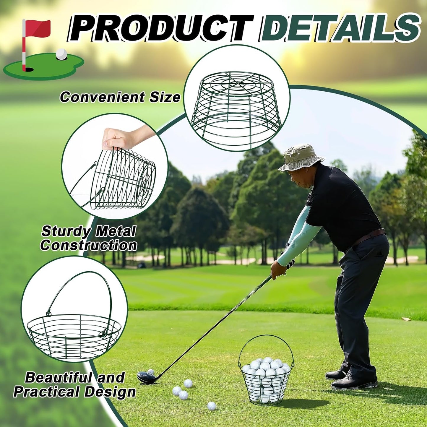 Soulchen Metal Golf Ball Baskets Golf Ball Storage Bucket with Handle Contain 50 Balls, Green Color