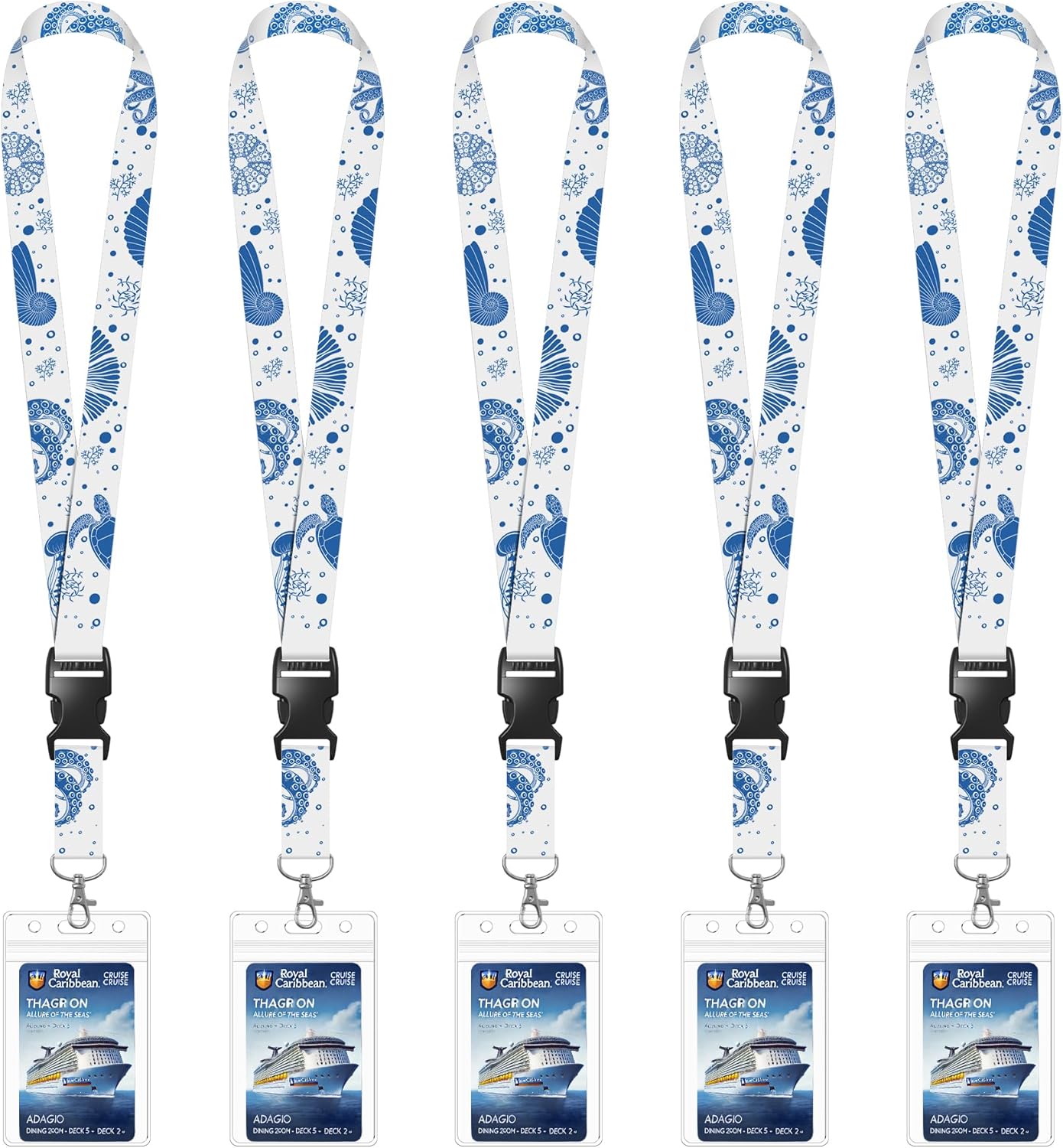 5 Pack Cruise Lanyards with Ocean Creature Design, Cruise Ship Lanyards with Waterproof ID Badge Holders for All Cruise Lines 2025, White