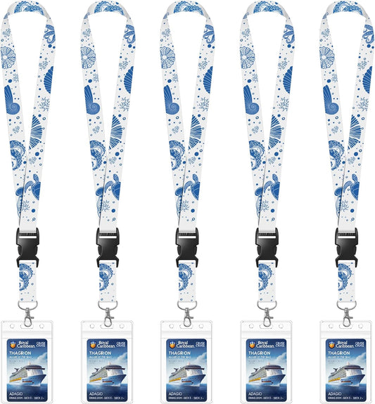 5 Pack Cruise Lanyards with Ocean Creature Design, Cruise Ship Lanyards with Waterproof ID Badge Holders for All Cruise Lines 2025, White