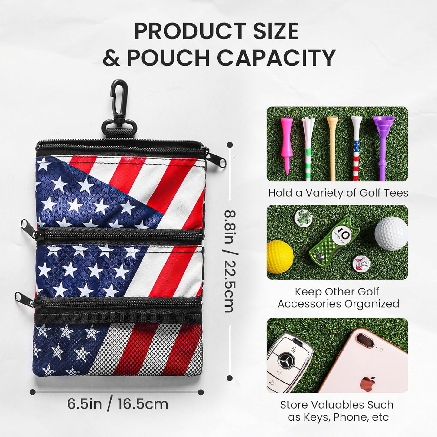 Golf Bag Accessories Valuables Pouch Bags Multi Pocket Zipper Hook with 10 Pcs Wood Golf Tees for Men Women