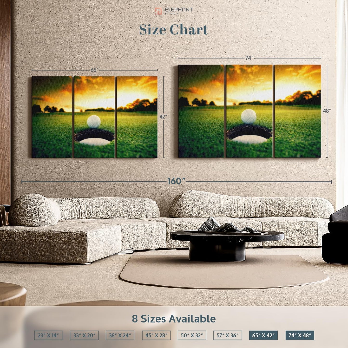 ElephantStock Golf Ball Wall Art - Horizontal Canvas - 3-Piece Living Room Wall Decor - Photography Sports Canvas Print - Orange and Yellow Decor for Wall - 74" X 48"