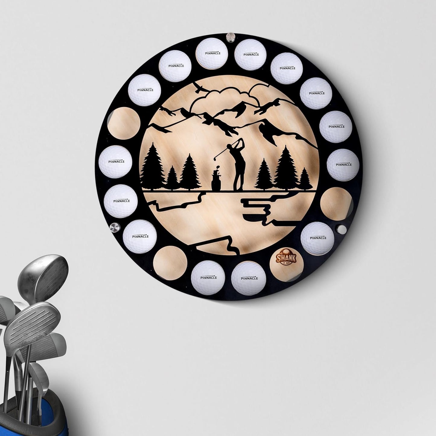 Circular Golf Ball Display Case for 18 Balls – Wall Mount Golf Ball Holder Display with Metal & Wood Design, Customized Wooden Backing, Easy Drill-Free Mounting – Gift for Golf Enthusiasts