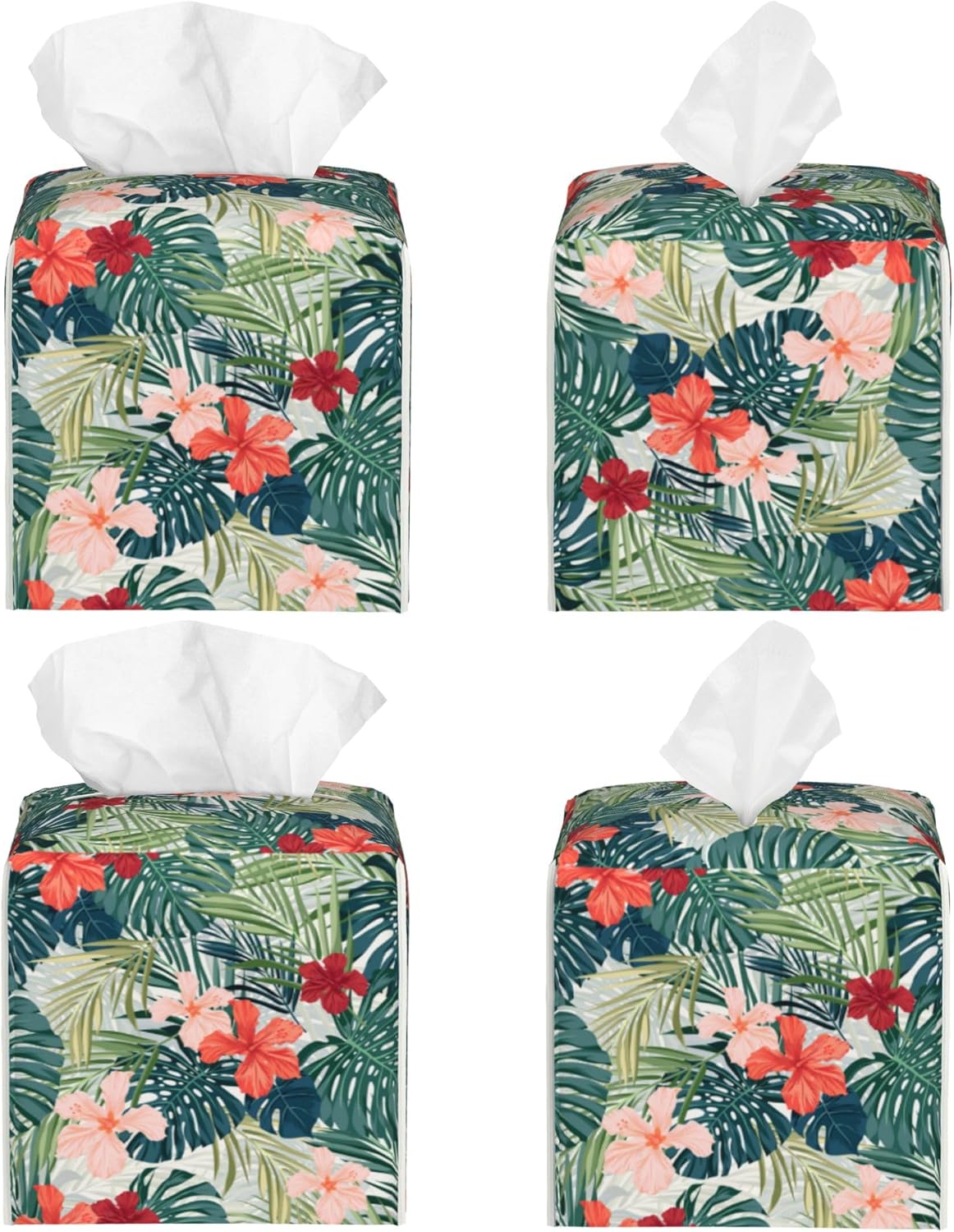 Palm Leaves and Flowers Tissue Box Cover Square,Tropical Plants and Floral Tissue Box Holder Waterproof Leather Facial Paper Organizer Dispenser for Bathroom Home Car Nightstand Vanity Desk
