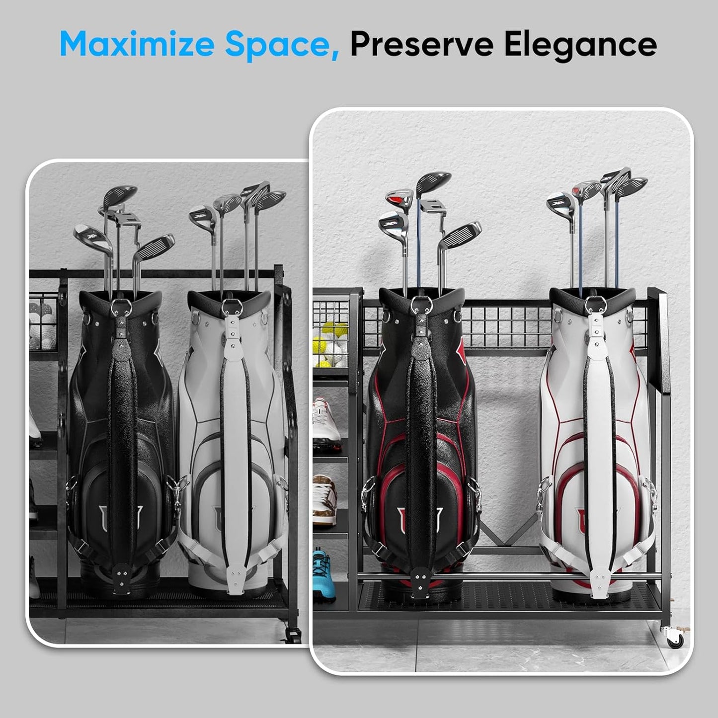 43.3“W Golf Bag Organizer with Wheels, Holds 2 Bags & 27 Clubs, Heavy Duty Thick Frame Garage Storage Rack Cart, High Load Capacity Golf Accessories Stand Holder, Ideal for Garage, Club, Shed