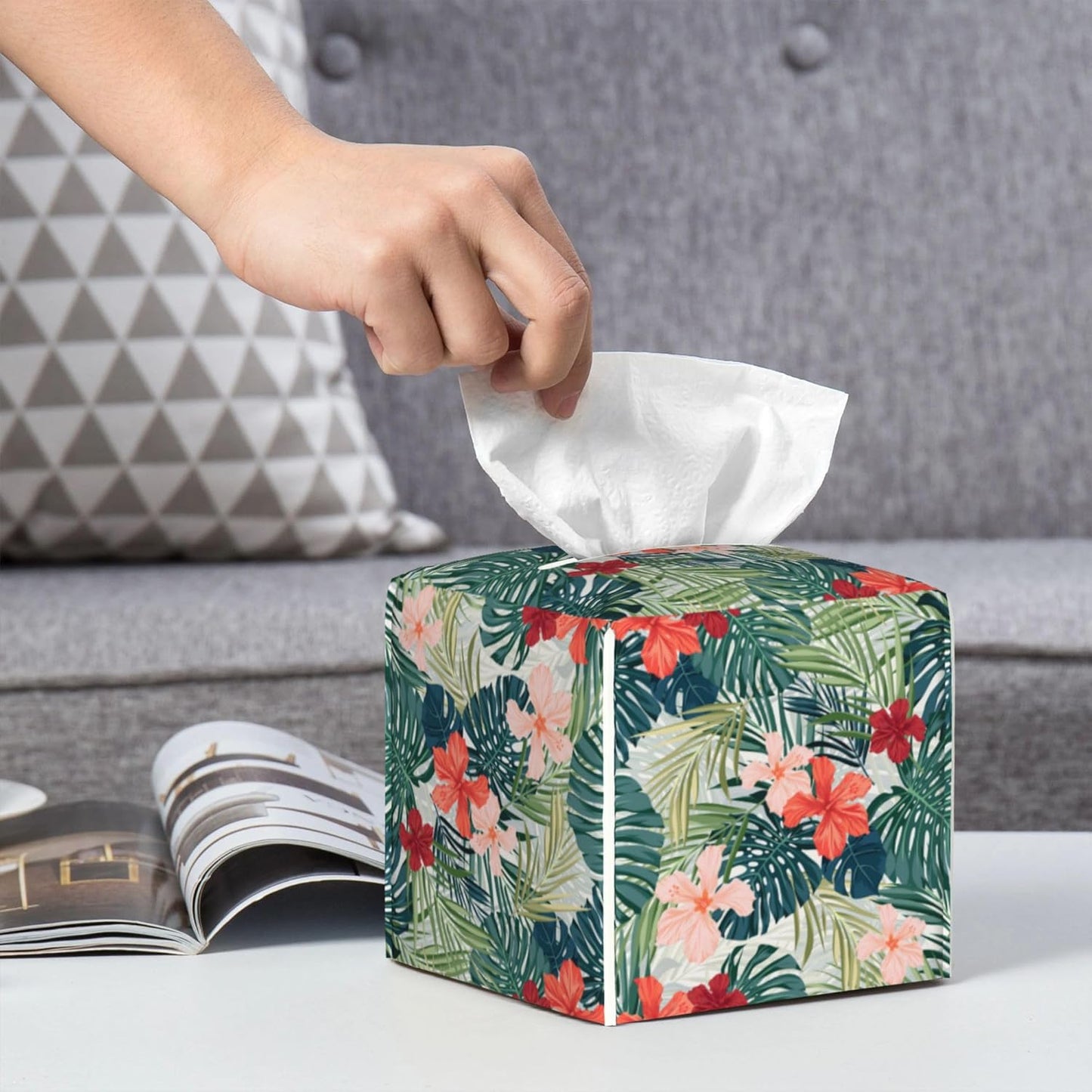 Palm Leaves and Flowers Tissue Box Cover Square,Tropical Plants and Floral Tissue Box Holder Waterproof Leather Facial Paper Organizer Dispenser for Bathroom Home Car Nightstand Vanity Desk