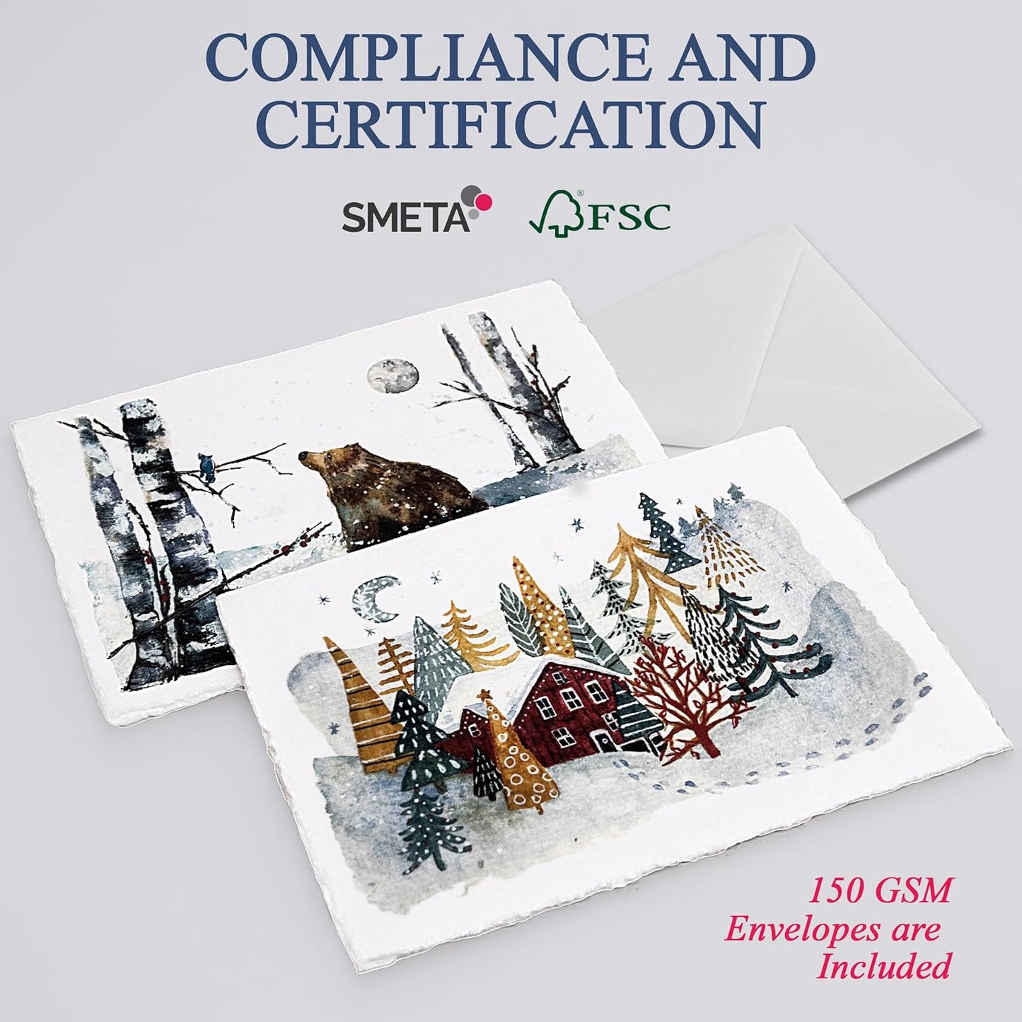 WANDERINGS Handmade Deckle Edge Blank Greeting Cards & Envelopes with Winter Art - Thick 300gsm paper– 20 Cards (5 Each of 4 Varieties) for Invitations, Thank Yous, Christmas and Birthday Cards –5x7