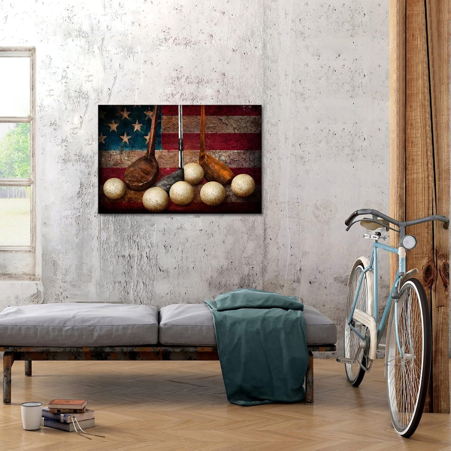 LevvArts Golf Canvas Wall Art Vintage Golf Ball with American Flag Painting Artwork Leisure Sports Poster Canvas Prints for Living Room Home Office Club Decoration Easy Hanging