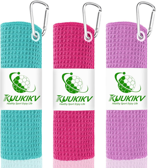3 Pack Golf Towels, 16" x 16" Premium Microfiber Waffle-Pattern Golf Towel with Aluminum Carabiner Clip - Contains Golf Towels in 3 Colors of Pick, Purple and Cyan for Women's Golf Club Bag