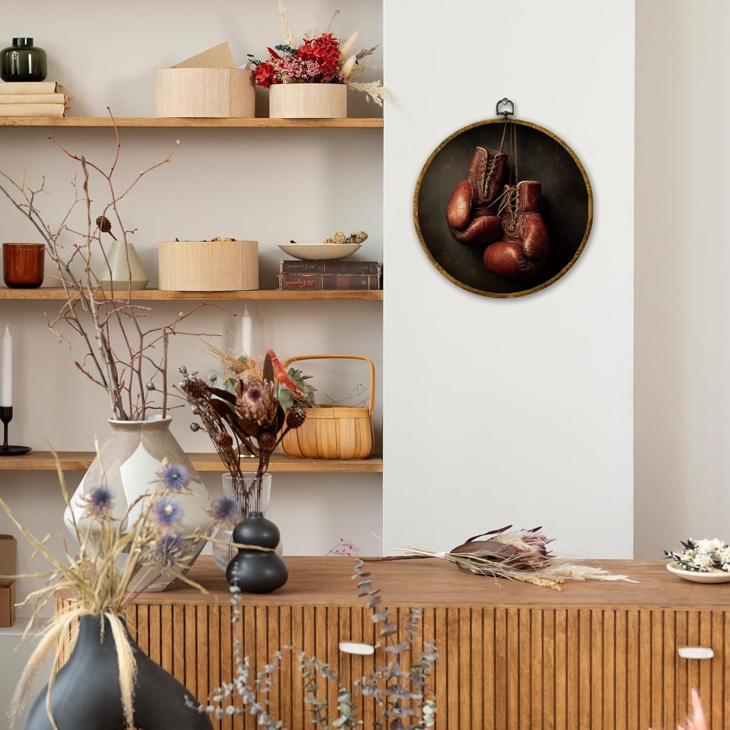 Vintage Red Boxing Gloves Wall Art Decor, Sport Framed Canvas Prints 10x10, Rustic Retro Boxing Round Wall Hanging Artwork Decorations for Home Bedroom Gym Sport Room Man Cave