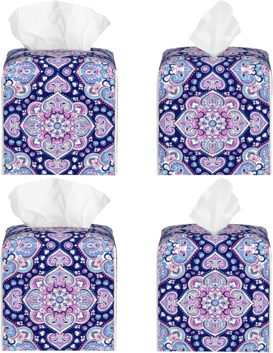 Boho Mandala Flower Tissue Box Cover Square,Indian Paisley Floral Tissue Box Holder Waterproof Leather Facial Paper Organizer Dispenser for Bathroom Home Car Nightstand Vanity Desk