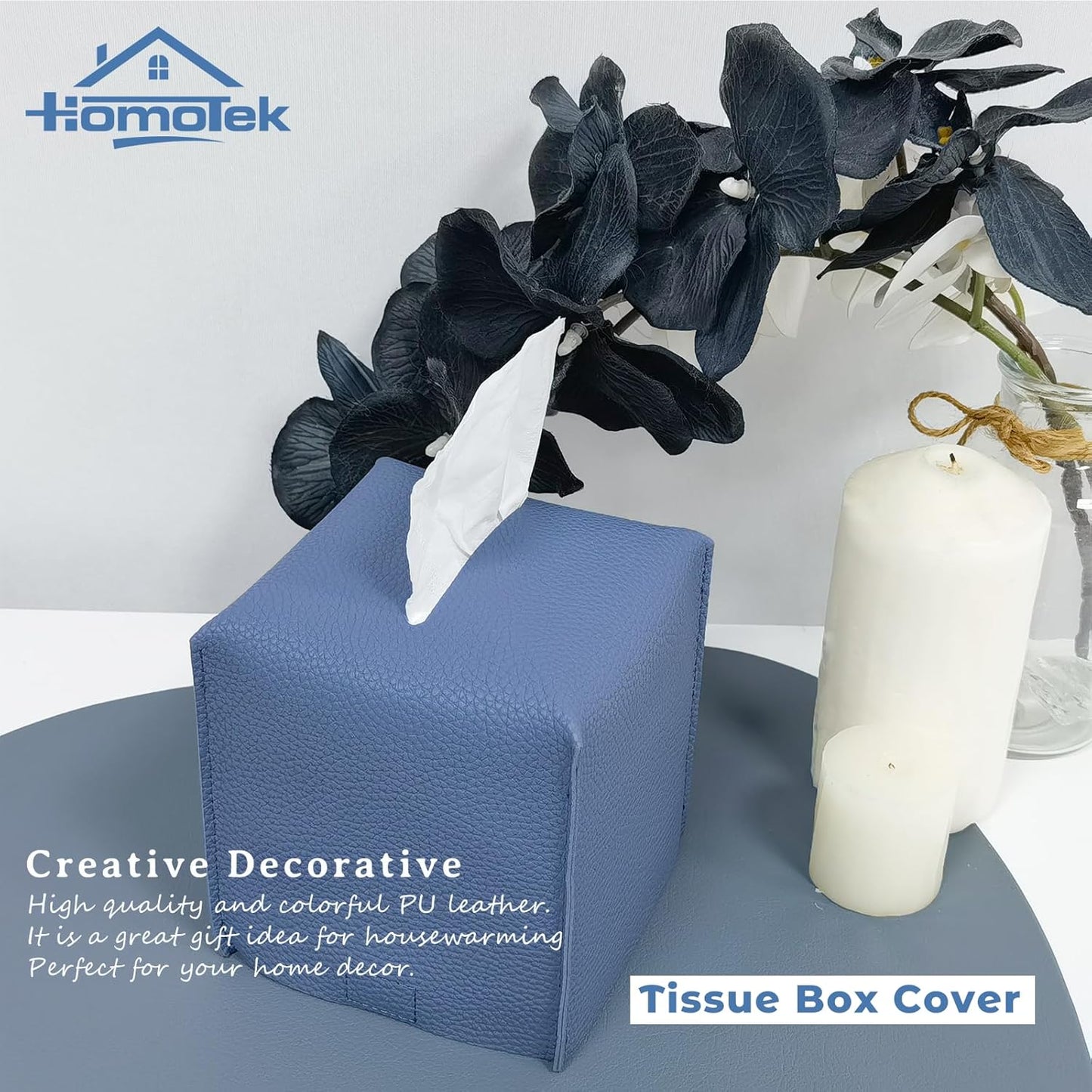 HOMOTEK 2 Pack Tissue Box Cover, Square PU Leather Tissue Holder, Decorative Facial Tissue Cube Paper Organizer Dispenser for Bathroom, Night Stands, Desk, Car 5X5X5'' - Haze Blue, Pebble Grain