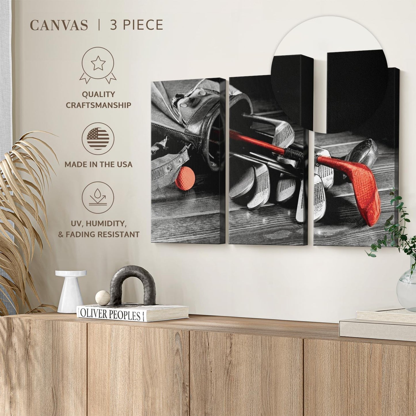 ElephantStock Golf Equipment Pop Wall Art - Horizontal Canvas - 3-Piece Living Room Wall Decor - Photography Sports Canvas Print - Black and Gray Decor for Wall - 33" X 20"