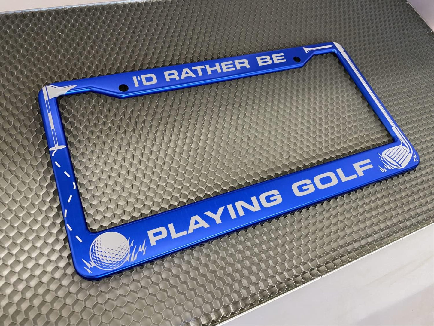 Golf Club and Ball Design with Your Custom Text | Laser Etched Anodized Aluminum Standard Size - CAR/Automobile License Plate Frame & Free caps - Blue (Qty: 1 Frame)