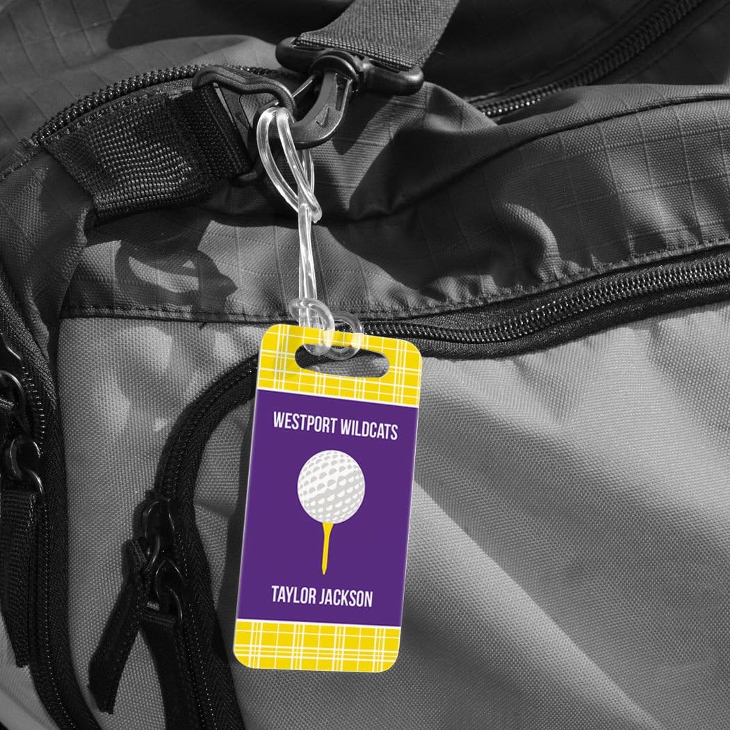 ChalkTalkSPORTS Golf Luggage & Bag Tag | Personalized Team with Golf Ball | Standard Lines on Back | Small | Yellow/Purple