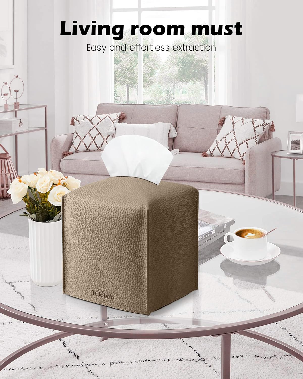 Tissue Box Cover for PU Leather, Modern Simple Solid Color Holder Square Tissue Bag, Ideal for Bathrooms,Office,Car,Outdoor Tent,Dining Table,5"X5"X5", Double Cocoa Brown