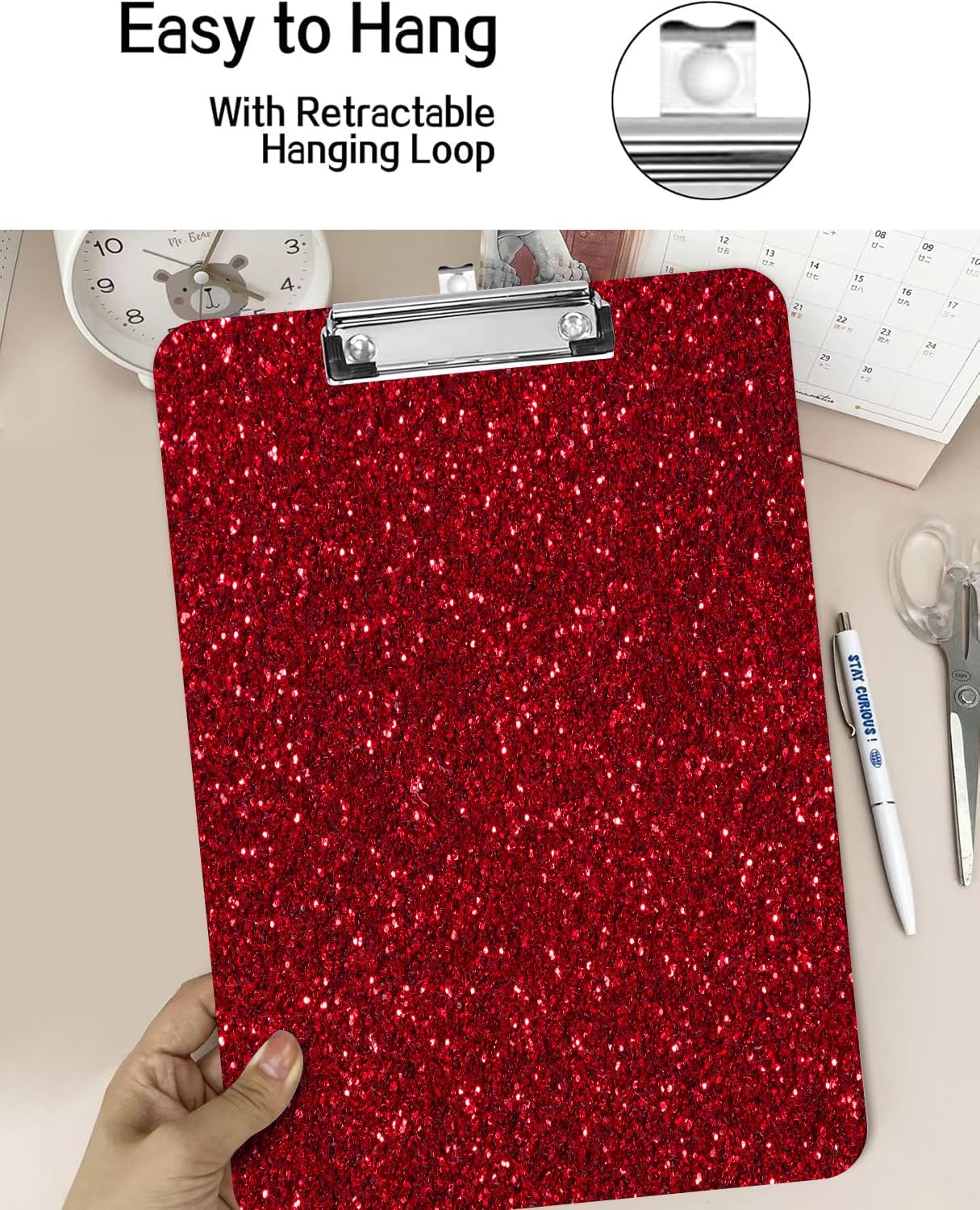 Fashion A4 Clipboard, Standard Letter Size 9" x 12.5", Decorative Wooden Clipboard with Low Profile Metal Clip for Office, School, Teachers, and Students, Red