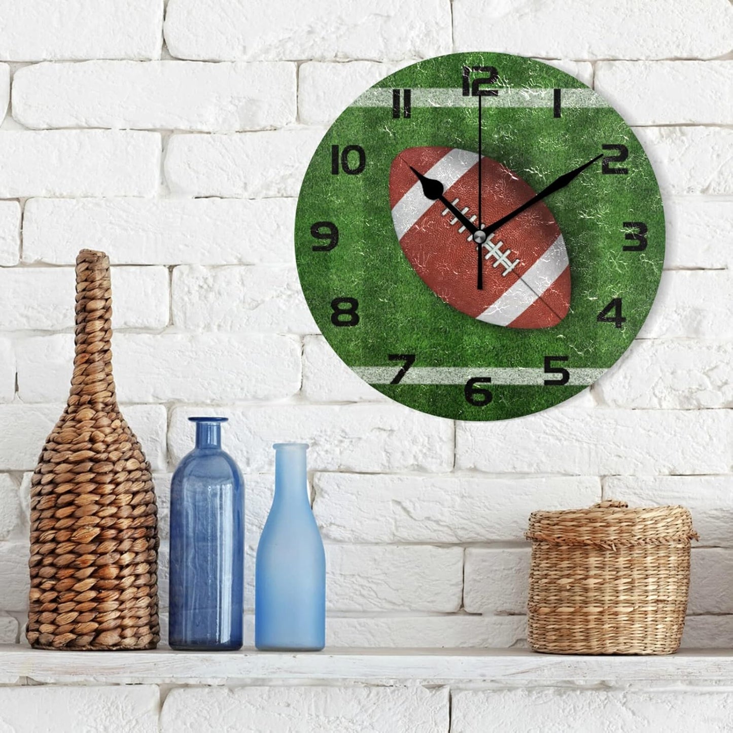 American Football Field Wall Clock Silent Non-Ticking,Sport 9.5 Inch Round Wall Clock Battery Operated Clock Decor for Boys Room Home Wall Bathroom Kitchen Bedroom Living Room Office Classroom Patio