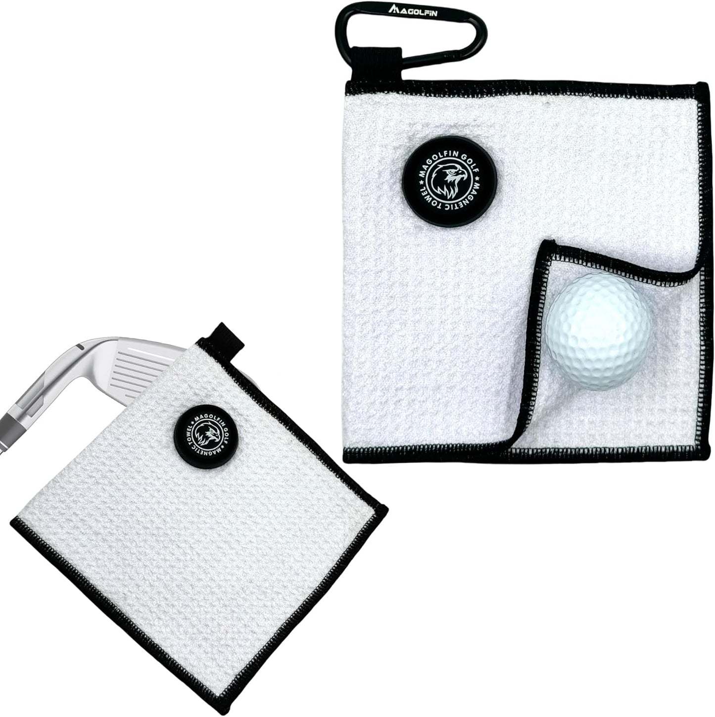 Small Magnetic Golf Towel with Clip, Microfiber Waffle Design - Industrial Strength Magnet for Glof Balls, Golf Bags, Carts Clubs - White