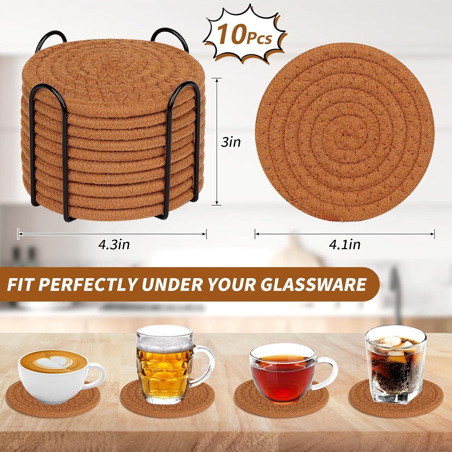 Mckanti 10 Pack Drink Coasters with Holder, Absorbent Coasters for Coffee Table, Minimalist Cotton Woven Coaster Set for Home Decor Tabletop Protection Suitable for Kinds of Cups, 4.3 Inches.