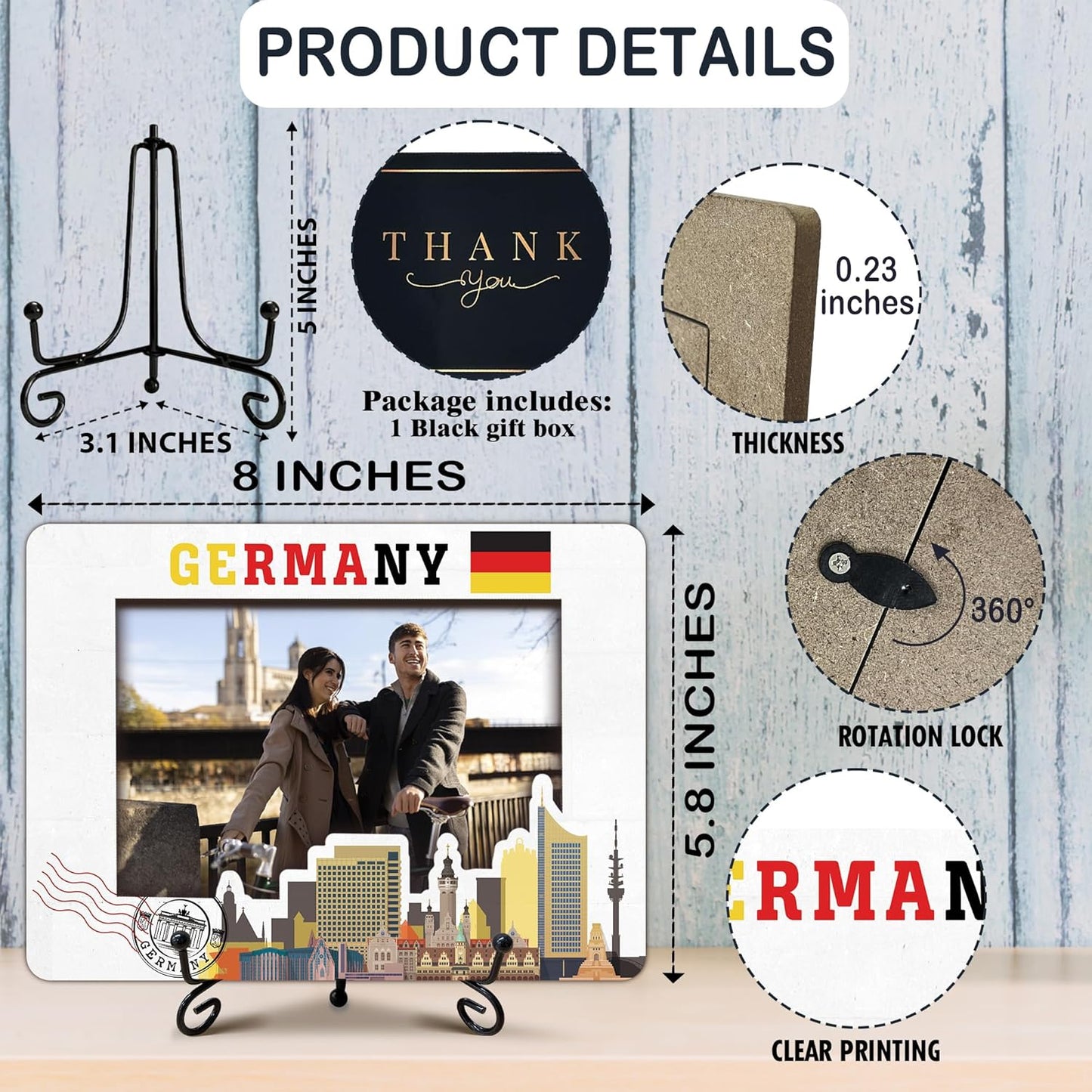 Germany Travel Picture Frame, 5 x 8 Germany Themed Wooden Photo Frame with Stand, Vacation Anniversary Honeymoon Gifts For Friend Family Couples, Home Office Desk Decorations-A04