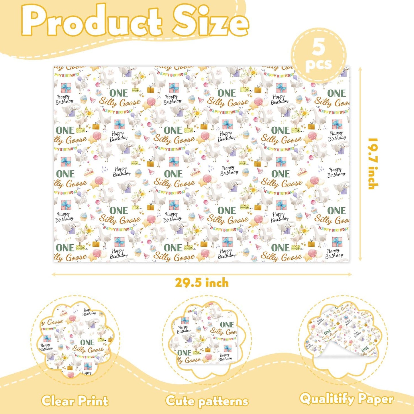 MJSXY Goose Wrapping Paper, One Silly Goose Birthday Decorations. 5 Sheets 19.6x27.5 Inch with White Gooses & Balloons for 1st Birthday Gift Wrapping, Baby Shower Party Supplies Decors.