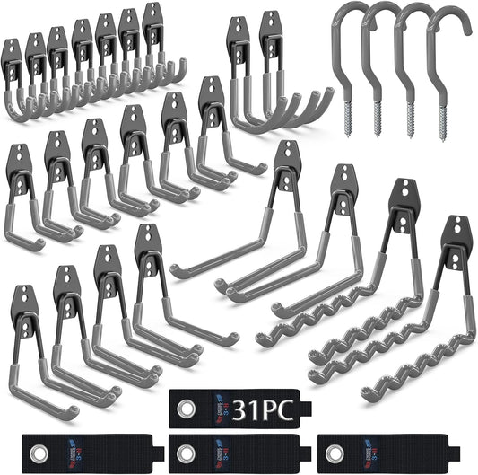 3-H Garage Wall Hooks 31 Pack, Garage Hooks Heavy Duty with Extra Welding Spots, Garage Organizer for Garden, Lawn, Yard Tools, Chairs, Ladders, Weed Eater, Shovel, Blower(Gray)