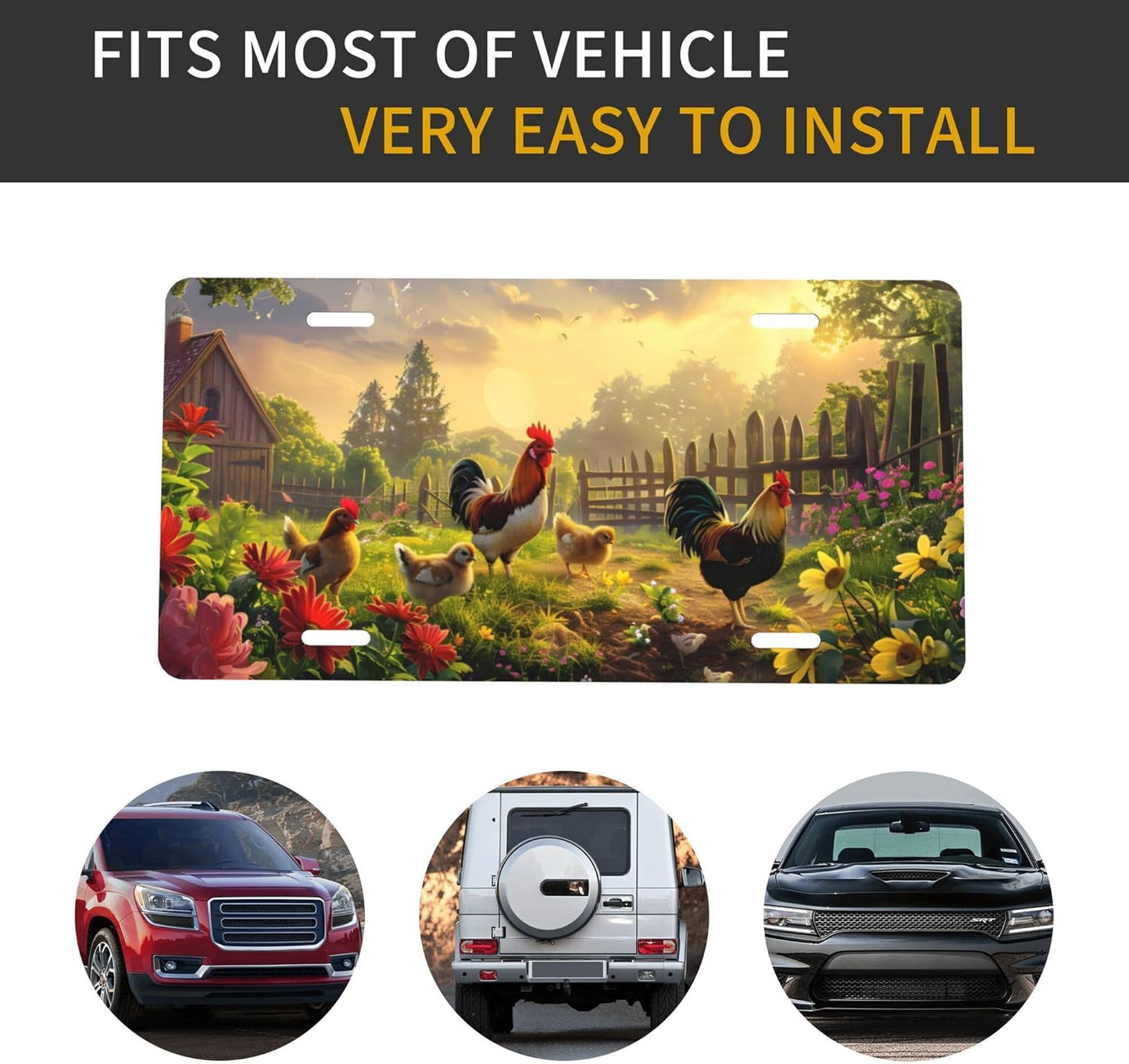 Rustic Flower Animal Chicken Front License Plate for Car Designs Stainless License Plate Cover Holder for Men Women Metal Aluminum Decorative Accessory Vanity Tag Standard 6 X 12 Inch (4 Holes)