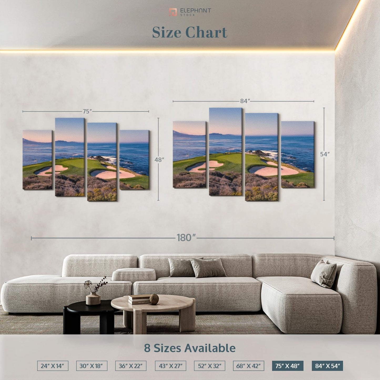 Elephant Stock Pebble Beach Golf Club Wall Art - Horizontal Canvas - 4-Piece Living Room Wall Decor - Luxury Photography Canvas Print - Beige and Blue Decor for Wall - 75" X 48"