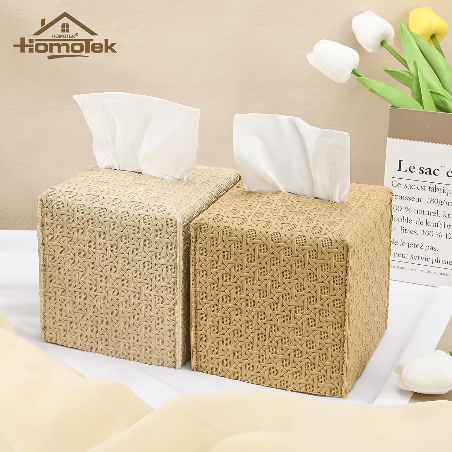 HOMOTEK 2 Pack Tissue Box Cover, Square PU Leather Tissue Holder, Decorative Facial Tissue Cube Paper Organizer Dispenser for Bathroom, Night Stands, Desk, Car 5X5X5'' - Woven Waffle,Camel