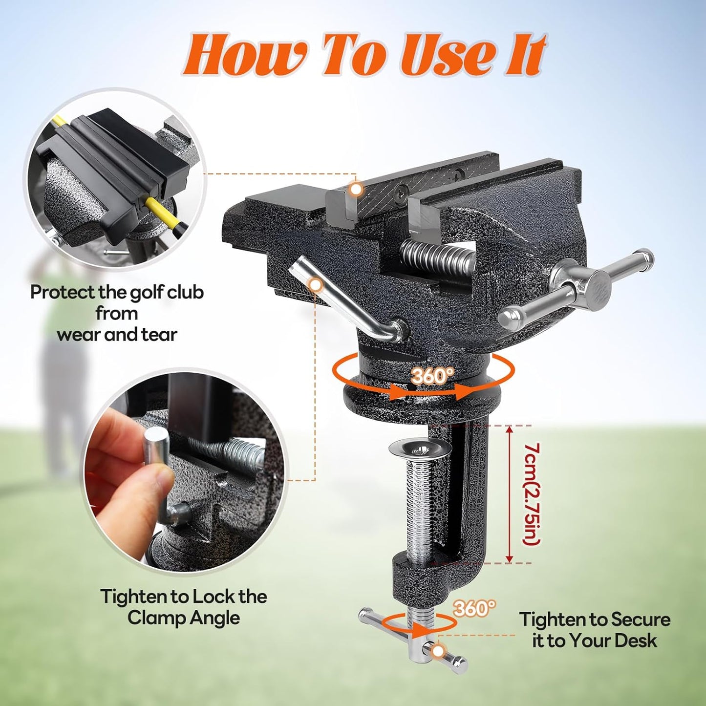 Golf Club Grip Vise Clamp Kit, 360° Swivel Portable Table Vise,Inlcudes 20 Double-Sided Tapes (2"x 10"),Rubber Sleeve, Hook Cutter,Glove,Tape Stripper Remover Tool