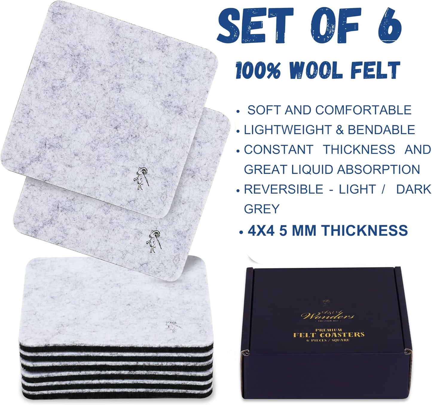A&A Wonders Premium Felt Coasters for Drink, Two-Tone Reversible, Absorbent Felt Protects Furniture, Table, Anti Slip, Suitable for Drinks & All Table Types (Light Gray/Dark Gray, Square 6 Pack)