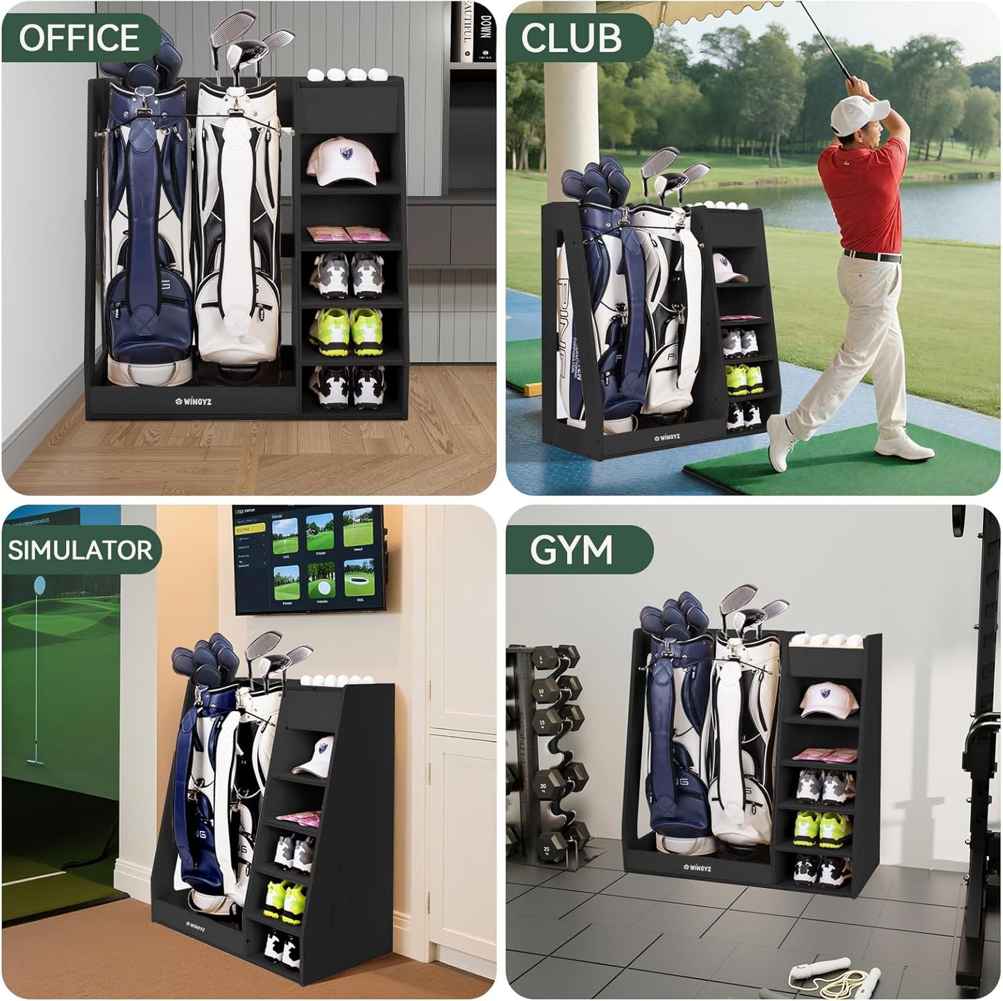 wingyz Wooden Golf Storage Organizer for Garage Fits 2 Bags for Any Level Golfer Great Gift, Golf Bag Rack Club Holder with 12-Ball Display Rack and 5 Shelves for Equipment Accessories