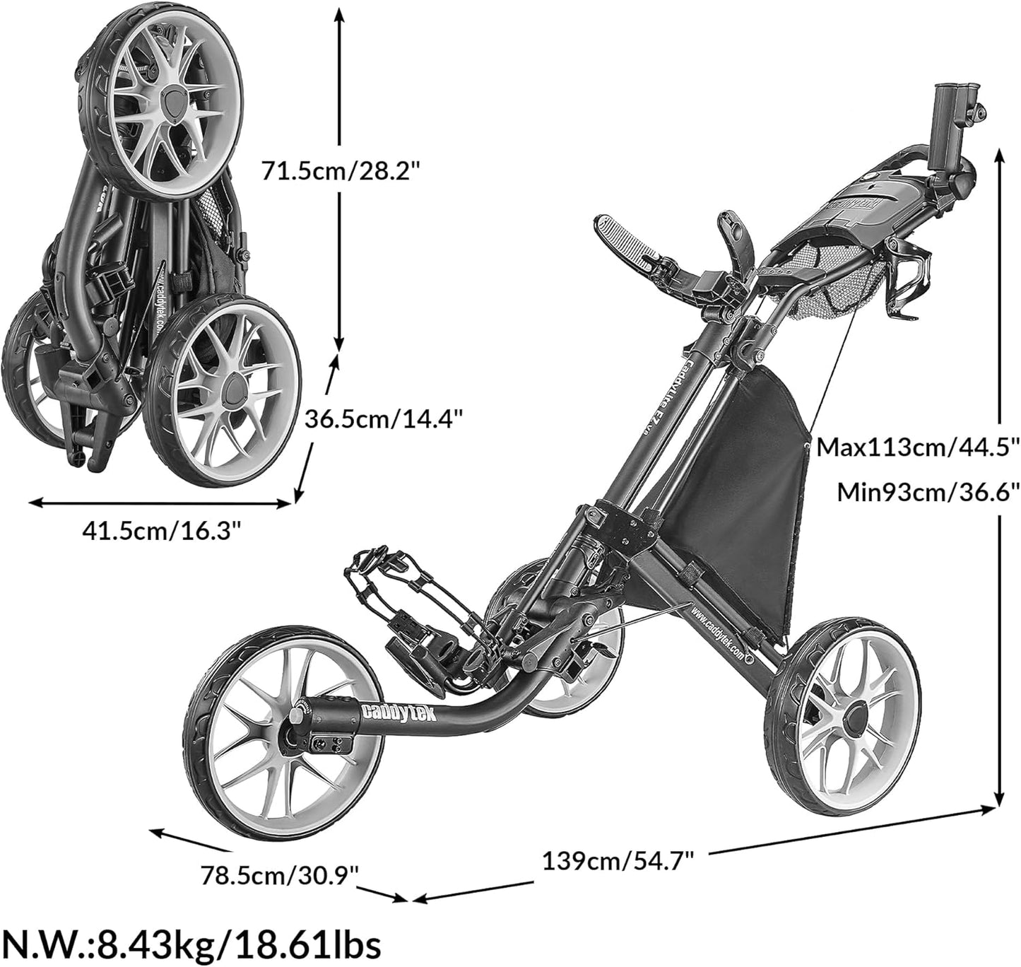 Caddytek CaddyLite EZ V8 Golf Push Cart - Lightweight 3 Wheel Foldable Cart with One-Click 2-Step Folding, EVA Wheels, Adjustable Handle, Cooler Basket, Umbrella & Drink Holder, Compact Golf Cart