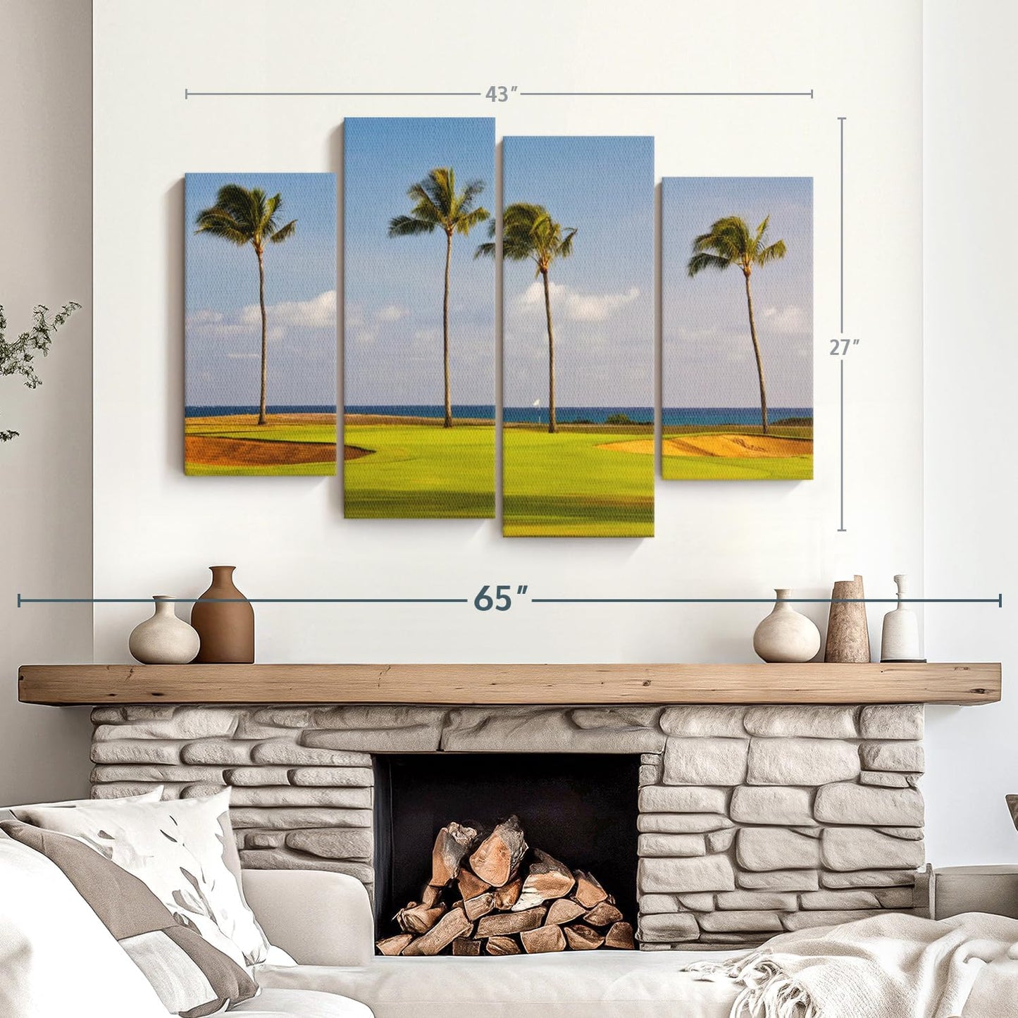 Elephant Stock Hawaiian Golf Course Wall Art - Horizontal Canvas - 4-Piece Living Room Wall Decor - Photography Sports Canvas Print - Green and Yellow Decor for Wall - 43" X 27"