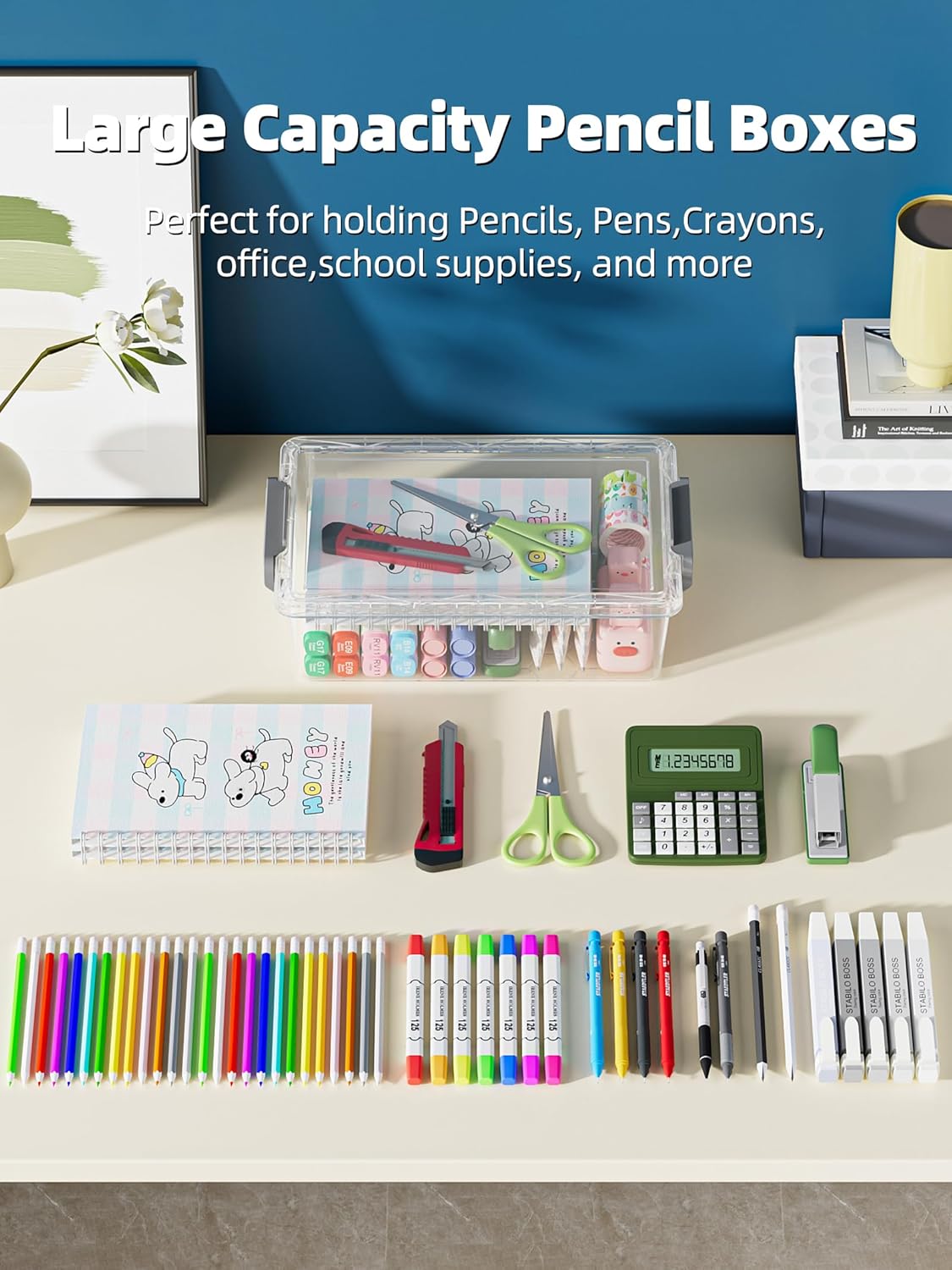 4 Pack Extra Large Pencil Box, Plastic Pencil Case Organizer, Clear Crayon Box Marker Organizer, Stackable Craft Organizers and Storage for Pen, Craft, Art Supply(Pink)