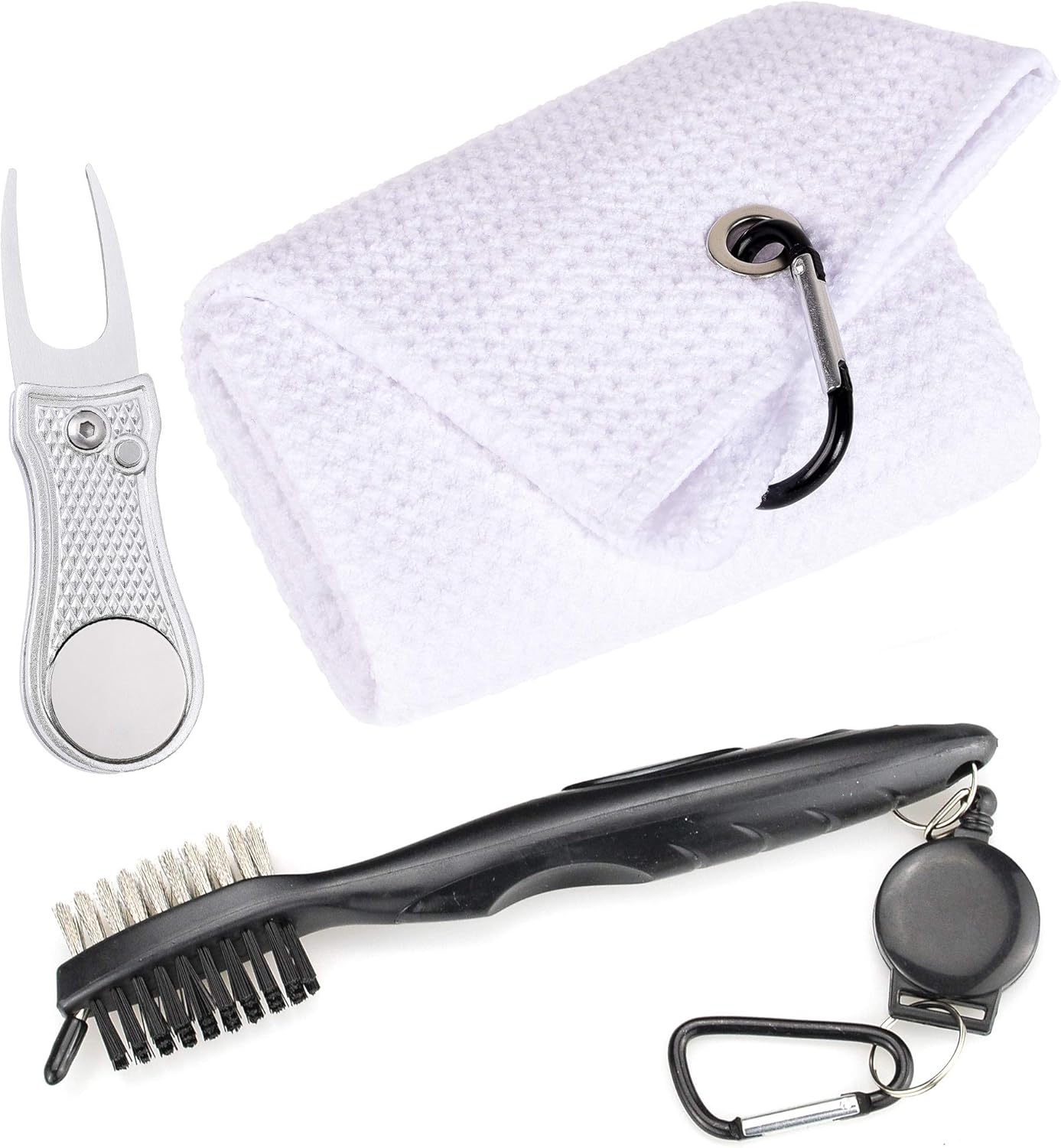 Mile High Life Microfiber Waffle Pattern Golf Towel | Club Groove Cleaner Brush | Foldable Divot Tool with Magnetic Ball Marker (White Towel/Brush/Bone Divot)