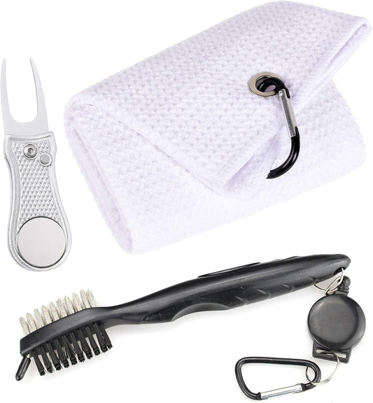 Mile High Life Microfiber Waffle Pattern Golf Towel | Club Groove Cleaner Brush | Foldable Divot Tool with Magnetic Ball Marker (White Towel/Brush/Bone Divot)