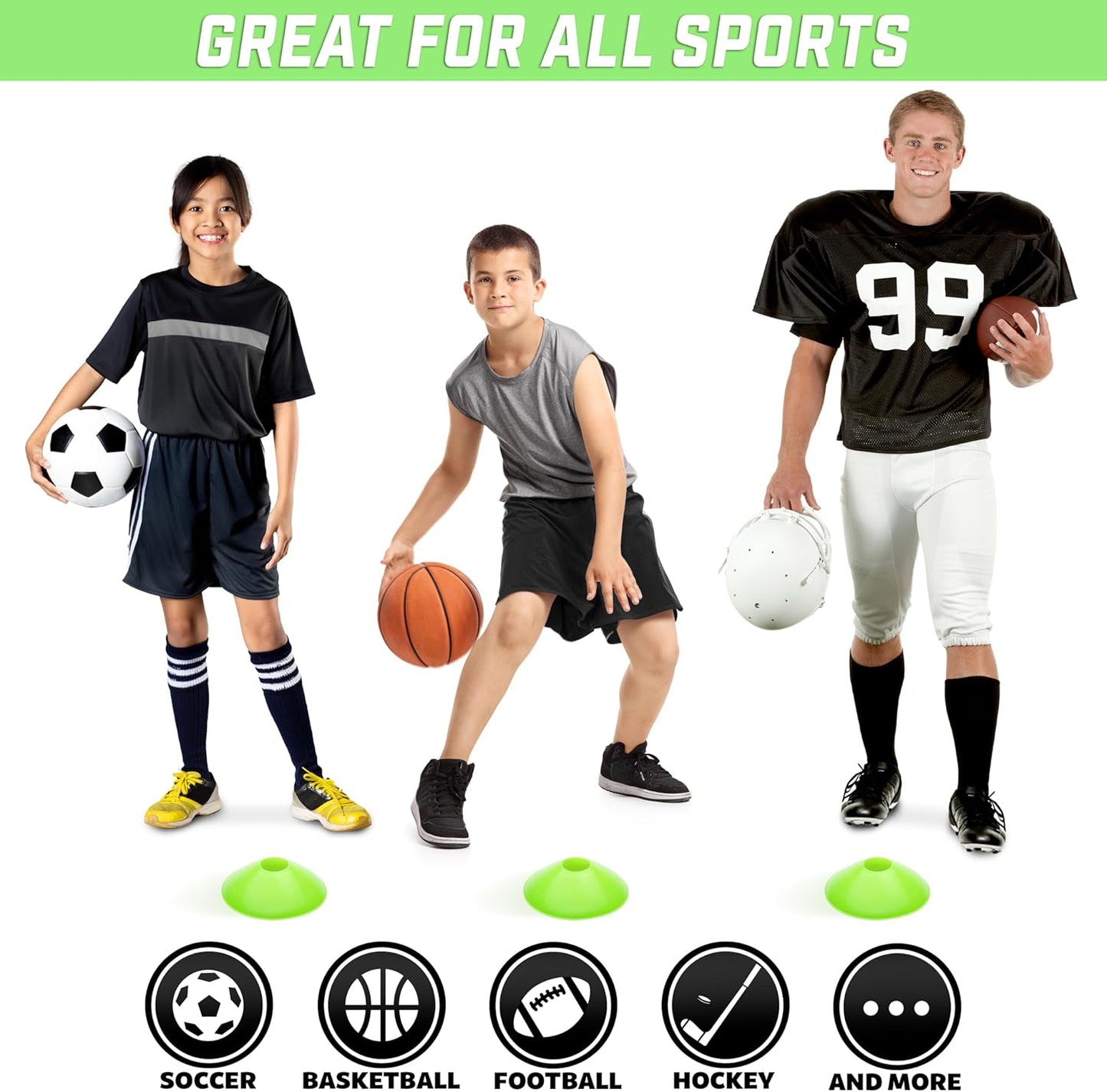 GoSports Premium Sports Cones for Agility Training and Drills - 20 Pack with Tote - Orange, Green, Pink, Yellow, or Red