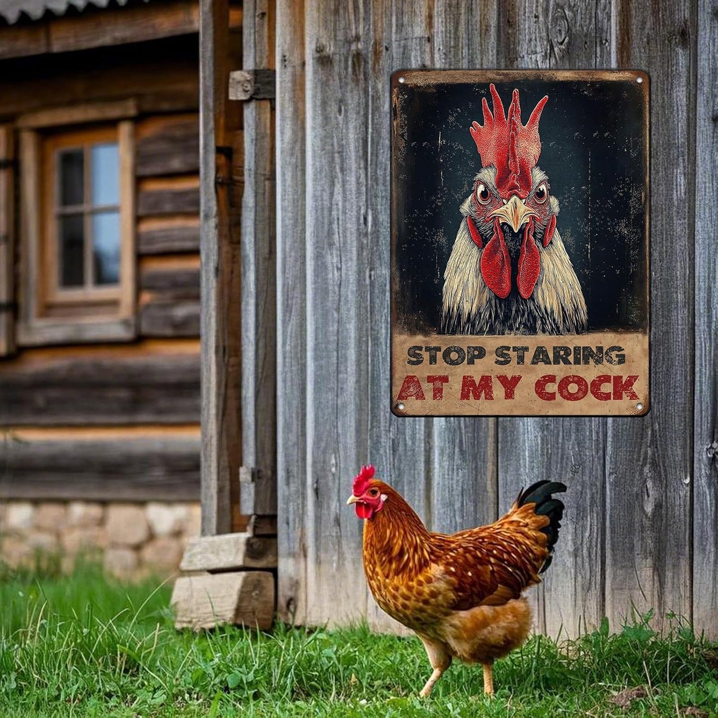 Vintage Farm Sign Chicken Stop Staring At My Cock Farmhouse Metal Tin Sign 12x16 Inch Home Wall Decor