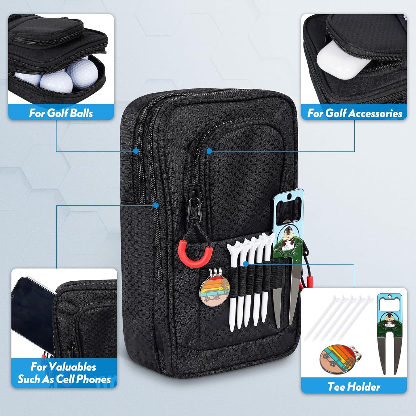 mytag Golf Ball Bag Pouch Zipper | Store 12-15 Balls, Golf Valuables Pouch Portable Outfit Organizer Bag Organizer Case Multipocket, Black