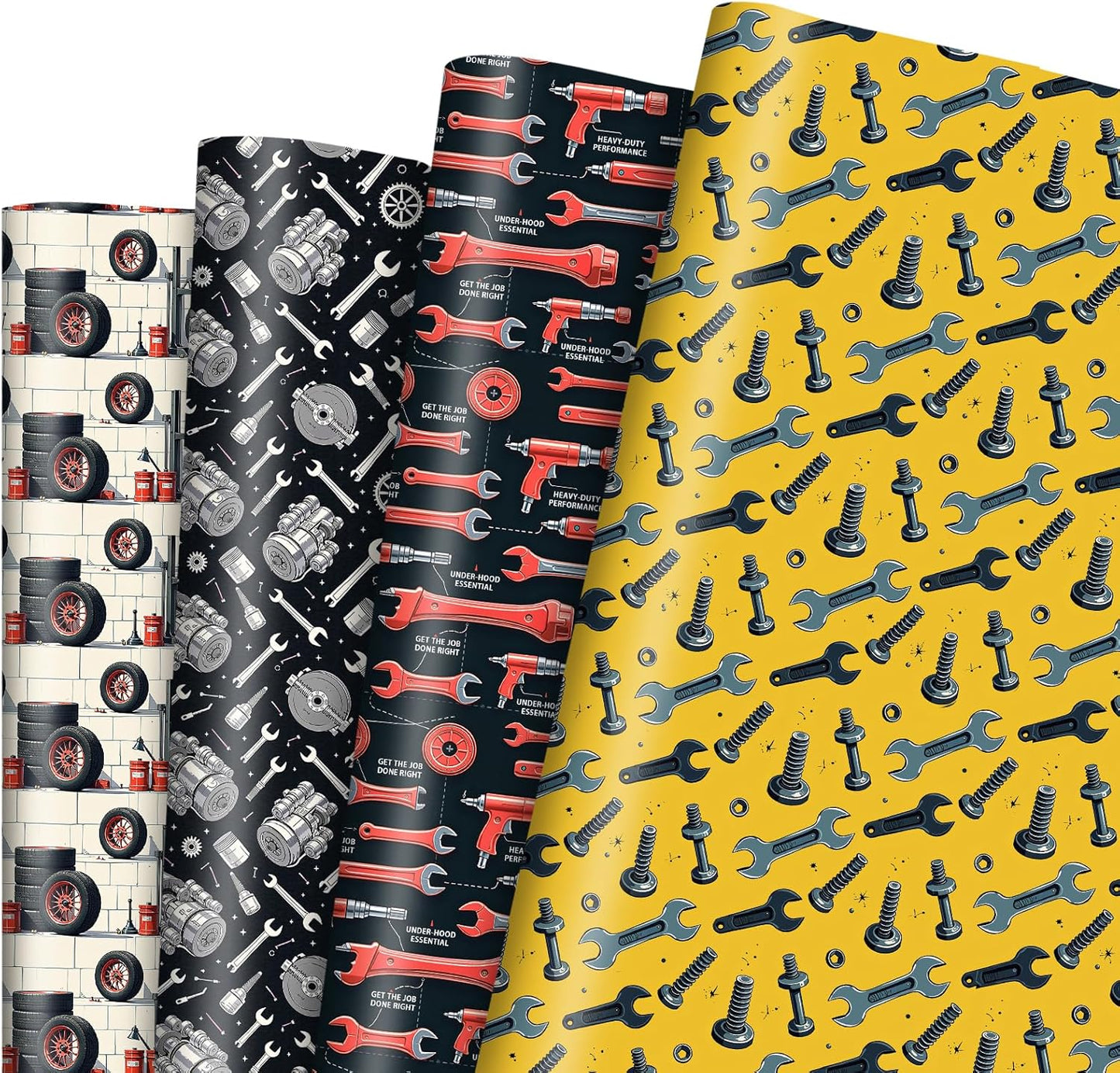 Pineraap Tools Wrapping Paper 12 Sheets Mechanic-Themed Designs Gift Wrap for Car Enthusiasts,Mechanics,DIYers,20"×28"
