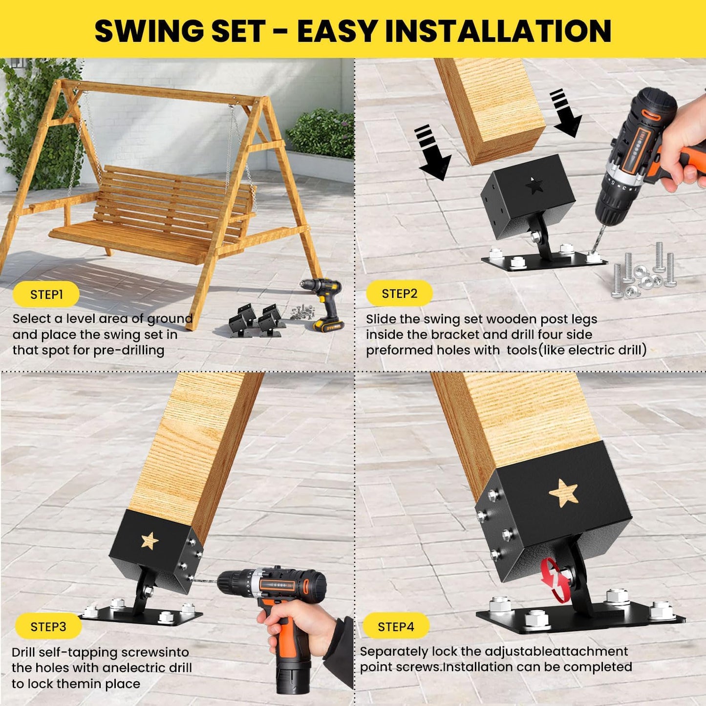 Heavy Duty Swing Set Brackets (4-Pack), 201 Stainless Steel Base for 4x4 Wood Posts (Fits 3.5"x3.5"), Includes Leveling Blocks & Hardware, Ground Anchor for Enhanced Stability & Wood Protection