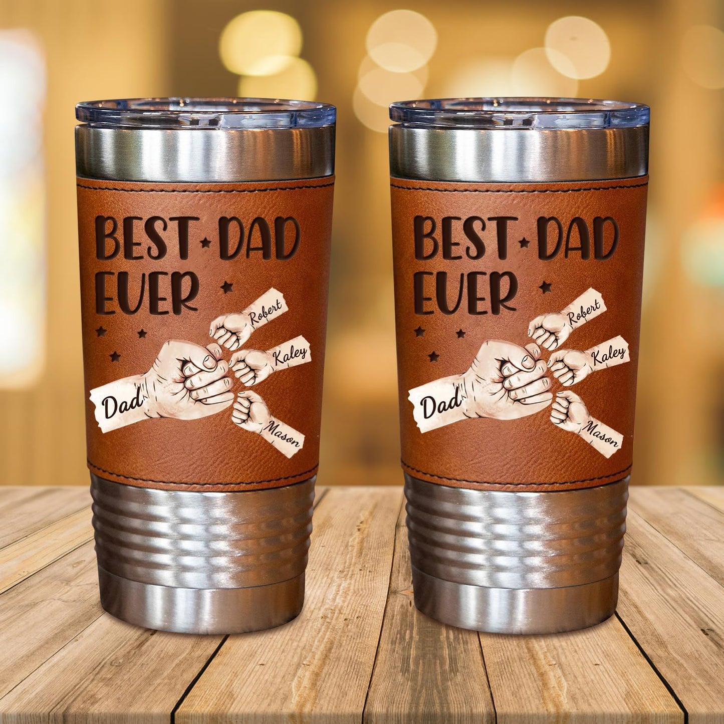 Best Dad Ever Fist Bump Tumbler Mug, Personalized Engraved Fathers Day Dad's Fist Bump Team Leather Tumbler 20oz, Custom Name Dad Tumblers Mug Gifts for Daddy Papa Grandpa Birthday Fathers Day