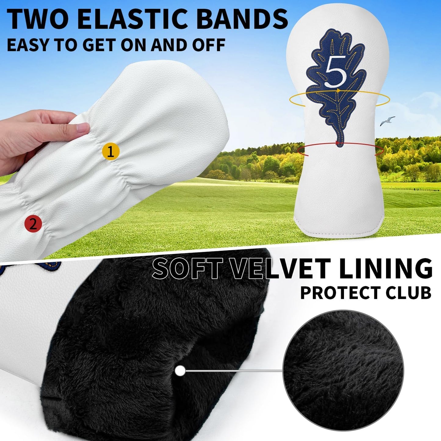 Golf Maple Leaves Head Cover Golf Club White Leather Headcovers Set Fits Driver Fairway Wood Hybrid Utility Putter Iron Wedge Headcover.