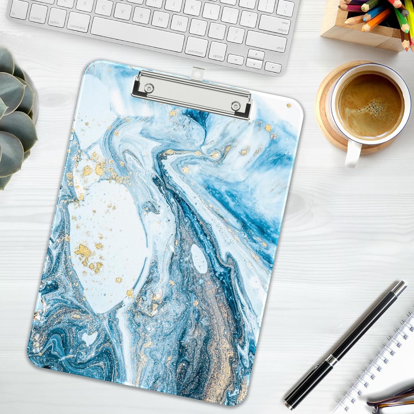 Rimilak Plastic Clipboards with Metal Clip, A4 Letter Size 9 x 12.5 in, Office Decorative for Students Women Men and Kids, Cute Custom Pattern, Blue Marble